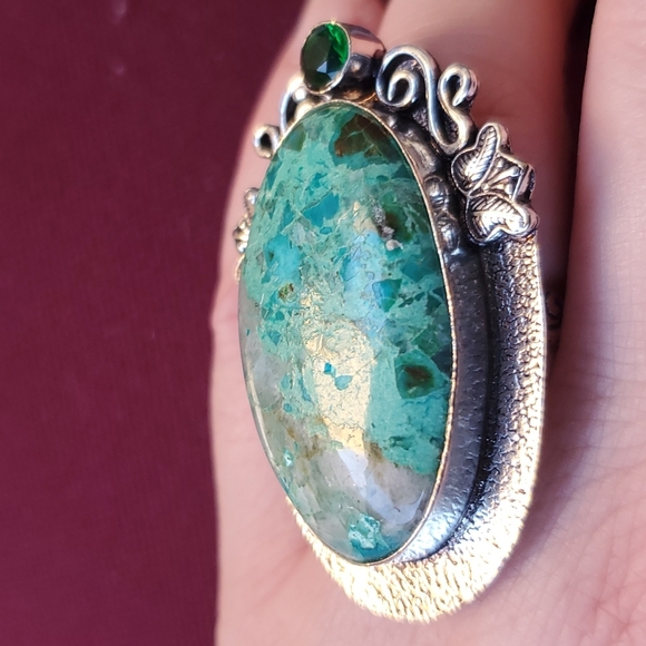 New Chrysocolla & Diopside 925 Silver Butterflies Statement Ring. - Picture 6 of 16